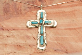 Genuine Sleeping Beauty Turquoise Sterling Silver Zuni Cross Pendant